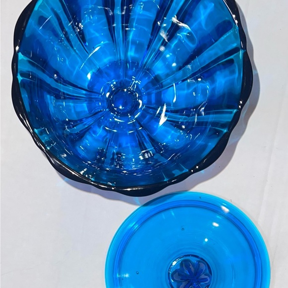 Vintage LE Smith Blue Glass Covered Pedestal Compote Candy Dish w/ Lid 10” EUC - Picture 9 of 14